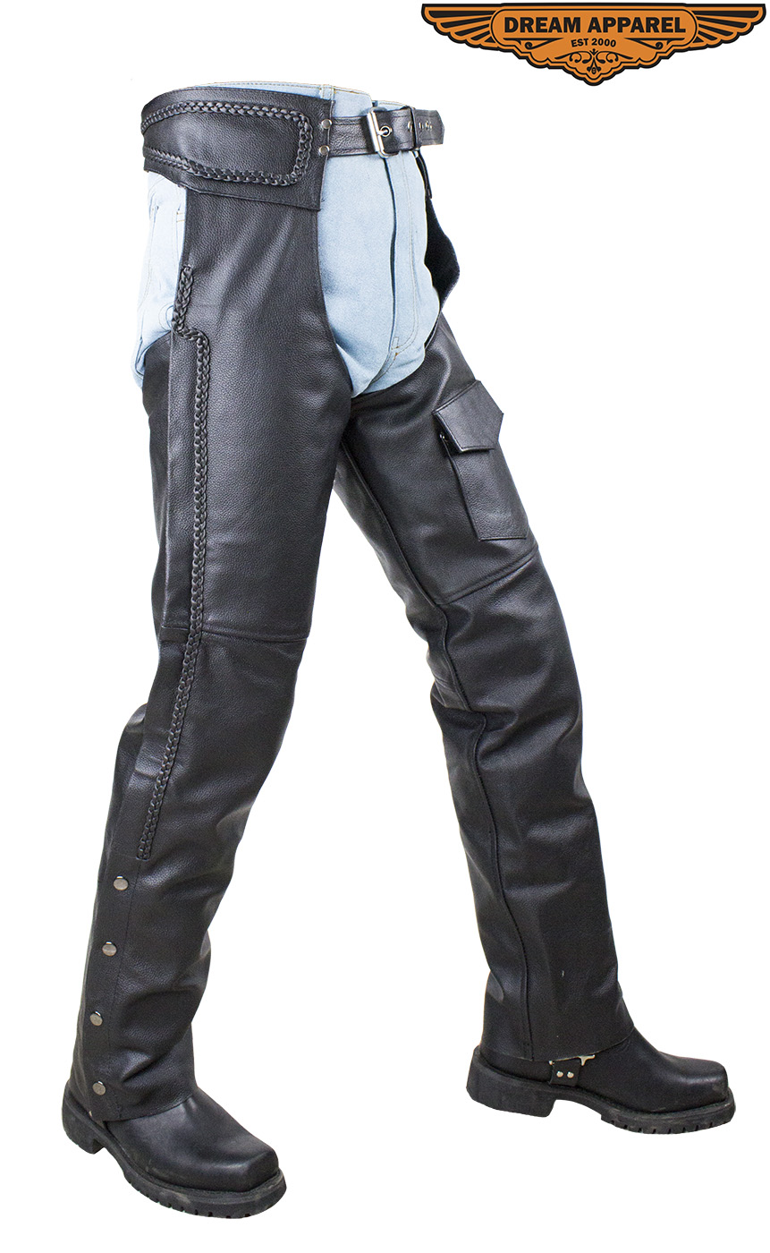 Dream MENS MOTORCYCLE BLACK LEATHER RIDING CHAP PANTS BRAIDED COW HIDE